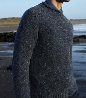 Fisherman Out of Ireland Donegal Fleck Saddle Shoulder Sweater - Steel Wool and Olive