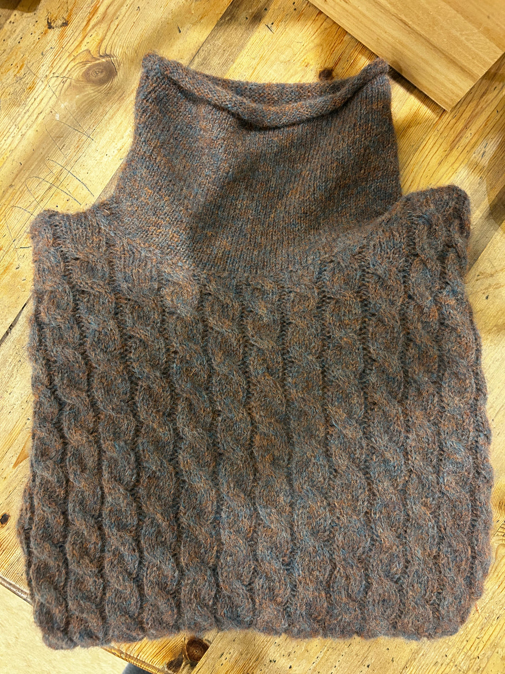 Fisherman Out Of Ireland Cabled Funnel Neck Sweater - Copper Ink / Charcoal