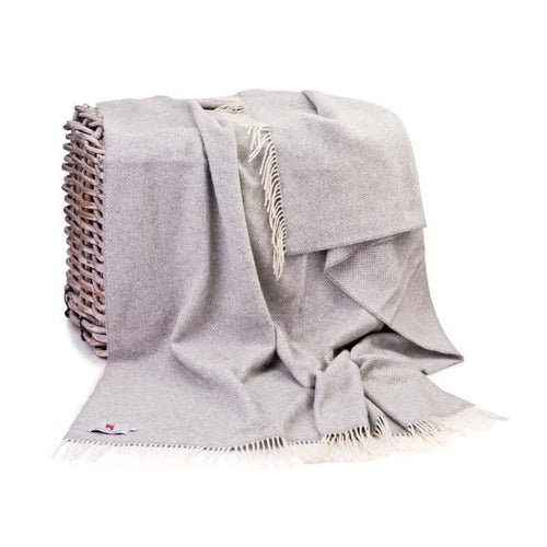 Merino Wool Cashmere Throw Pale Grey & Cream Herringbone