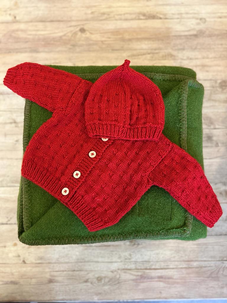 Hand Knitted Red Cardi/hat set