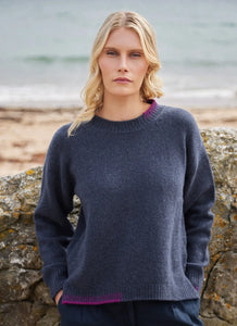 Fisherman Out of Ireland Blanket Stitch Crew Neck Sweater Indigo/Foxglove €175 NOW €135