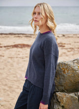 Load image into Gallery viewer, Fisherman Out of Ireland Blanket Stitch Crew Neck Sweater Indigo/Foxglove €175 NOW €135
