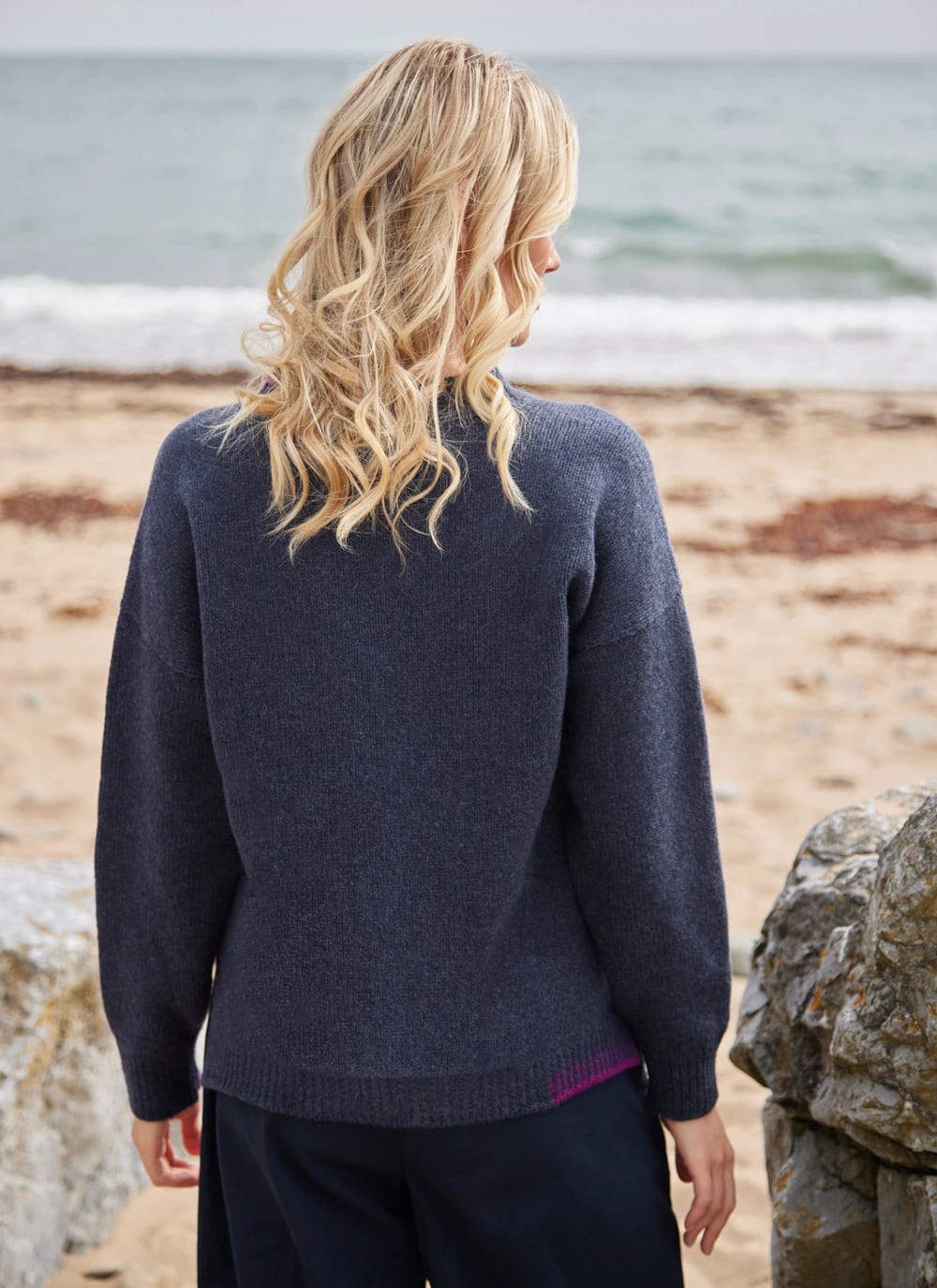 Fisherman Out of Ireland Blanket Stitch Crew Neck Sweater Indigo/Foxglove €175 NOW €135