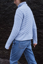 Fisherman Out Of Ireland - Cabled Funnel Neck Sweater, Forget Me Not