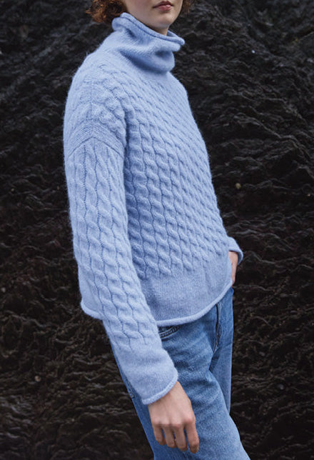 Fisherman Out Of Ireland - Cabled Funnel Neck Sweater, Forget Me Not