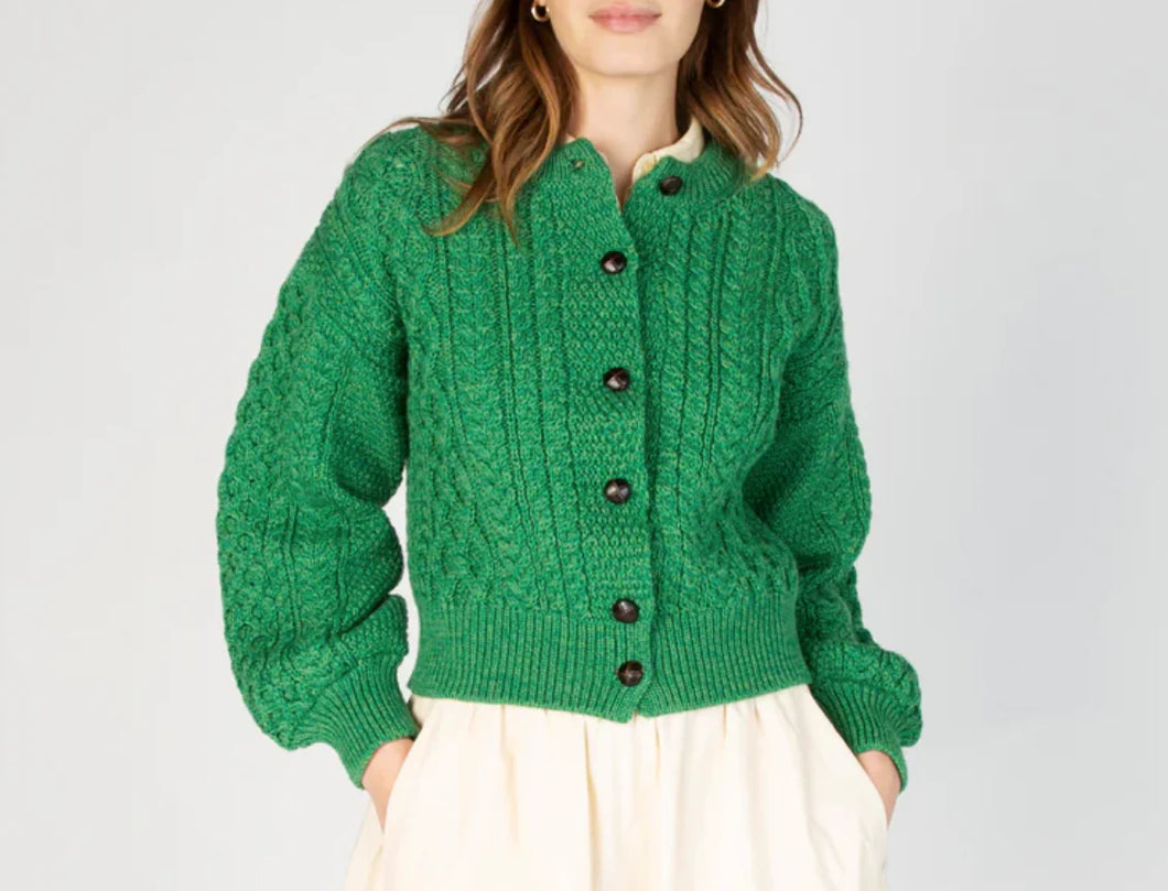 Clover Cropped Aran Cardigan Green Marl