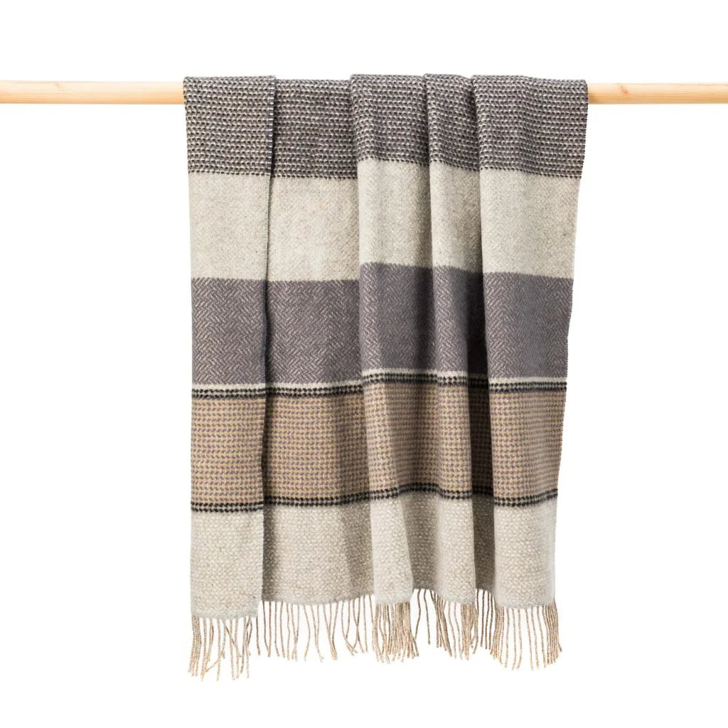 Merino Wool Cashmere Throw Grey Stone Beige Stripe