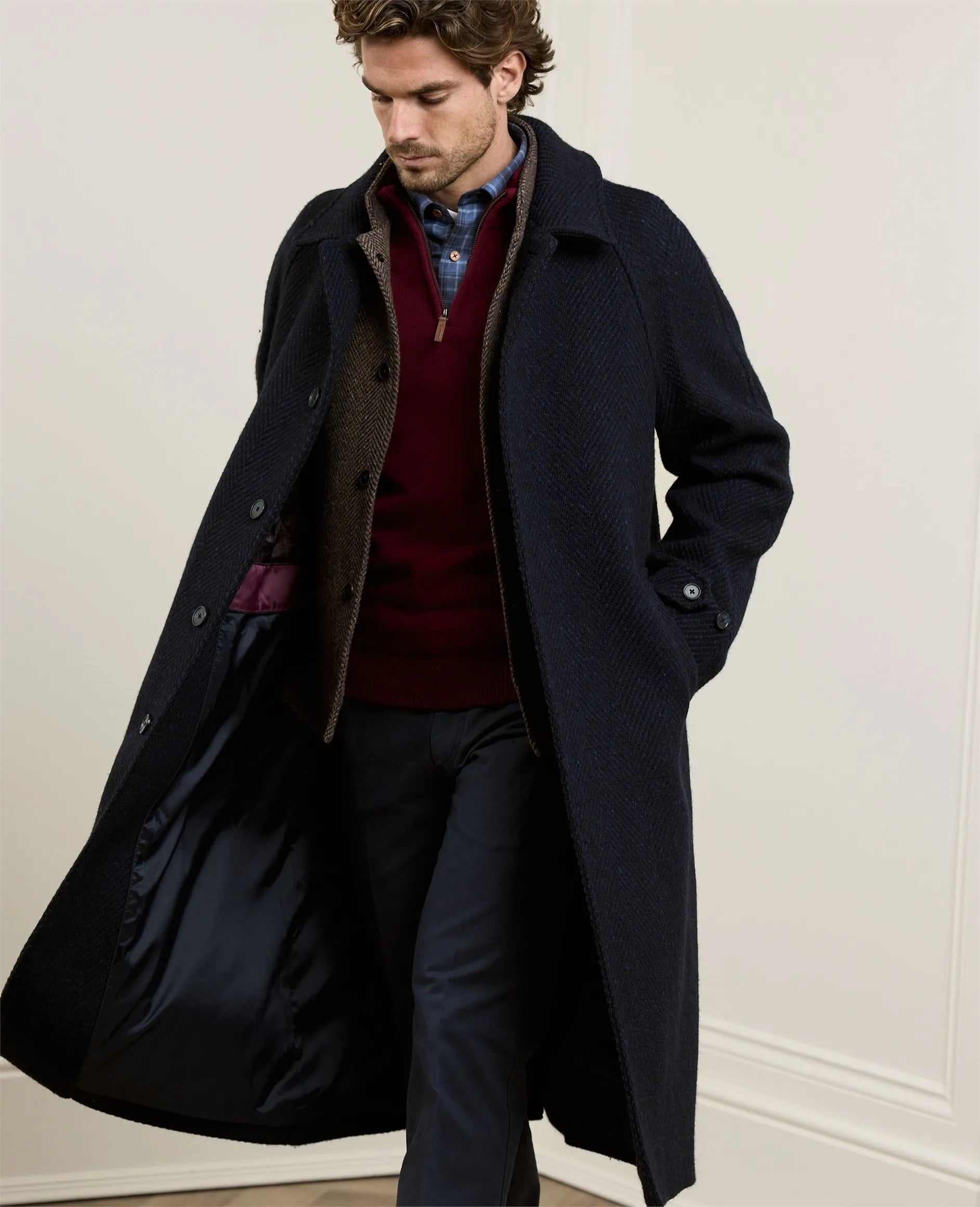 Corrib Donegal Tweed Overcoat in Navy Herringbone