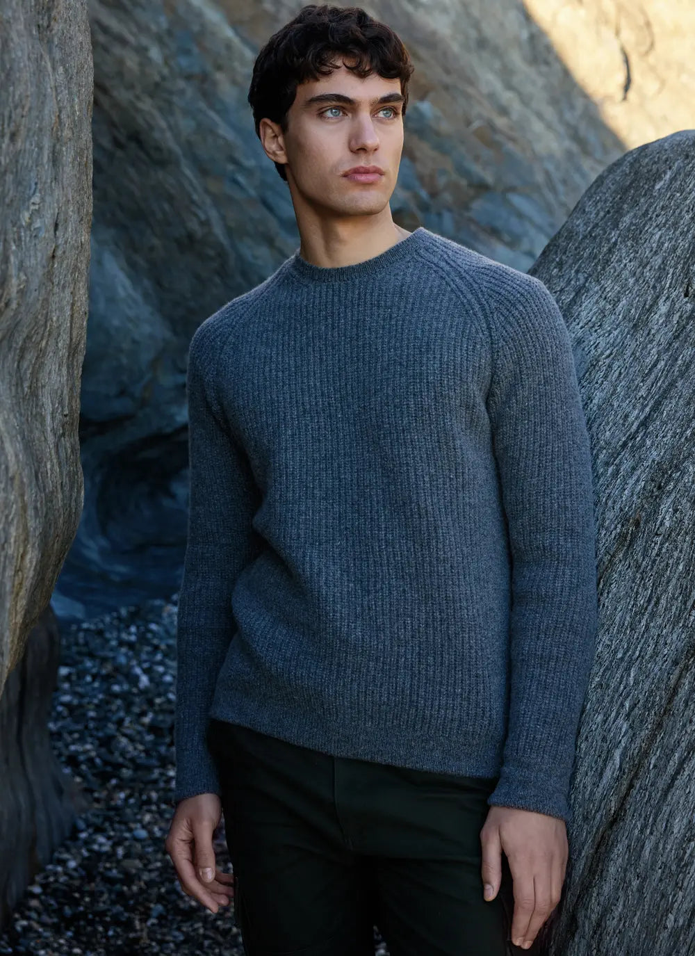 Fisherman Out Of Ireland Ribbed Lambswool Crew Neck Sweater - Oxford Grey