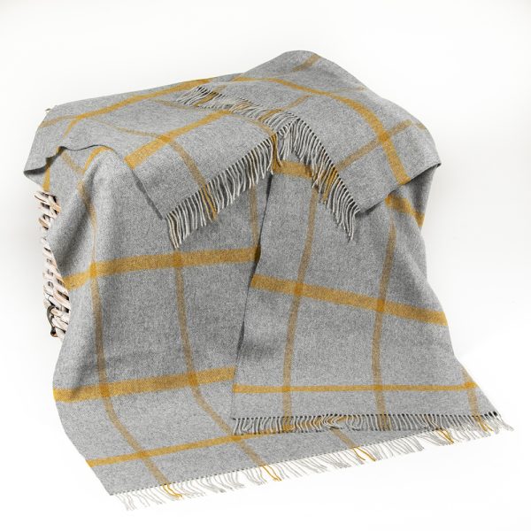 John Hanly Merino Lambswool Blanket - Grey Mustard Check