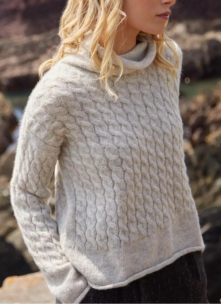 Fisherman Out Of Ireland - Cabled Funnel Neck Sweater, Cloud