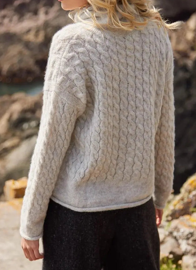 Fisherman Out Of Ireland - Cabled Funnel Neck Sweater, Cloud