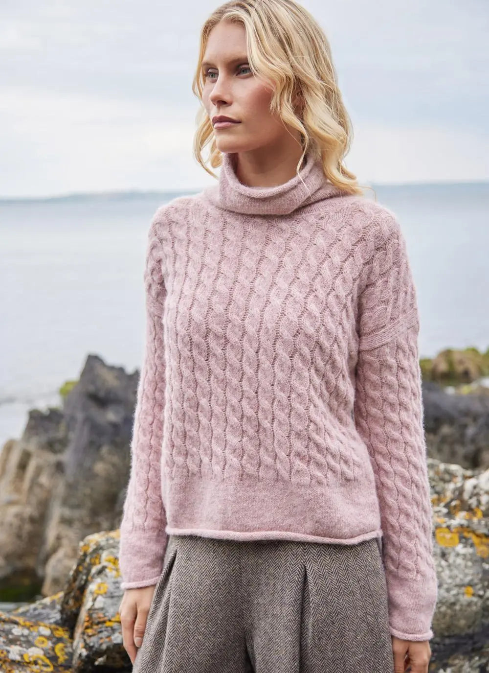 Fisherman out of Ireland Cabled Funnel Neck with Jersey Stitch Pink