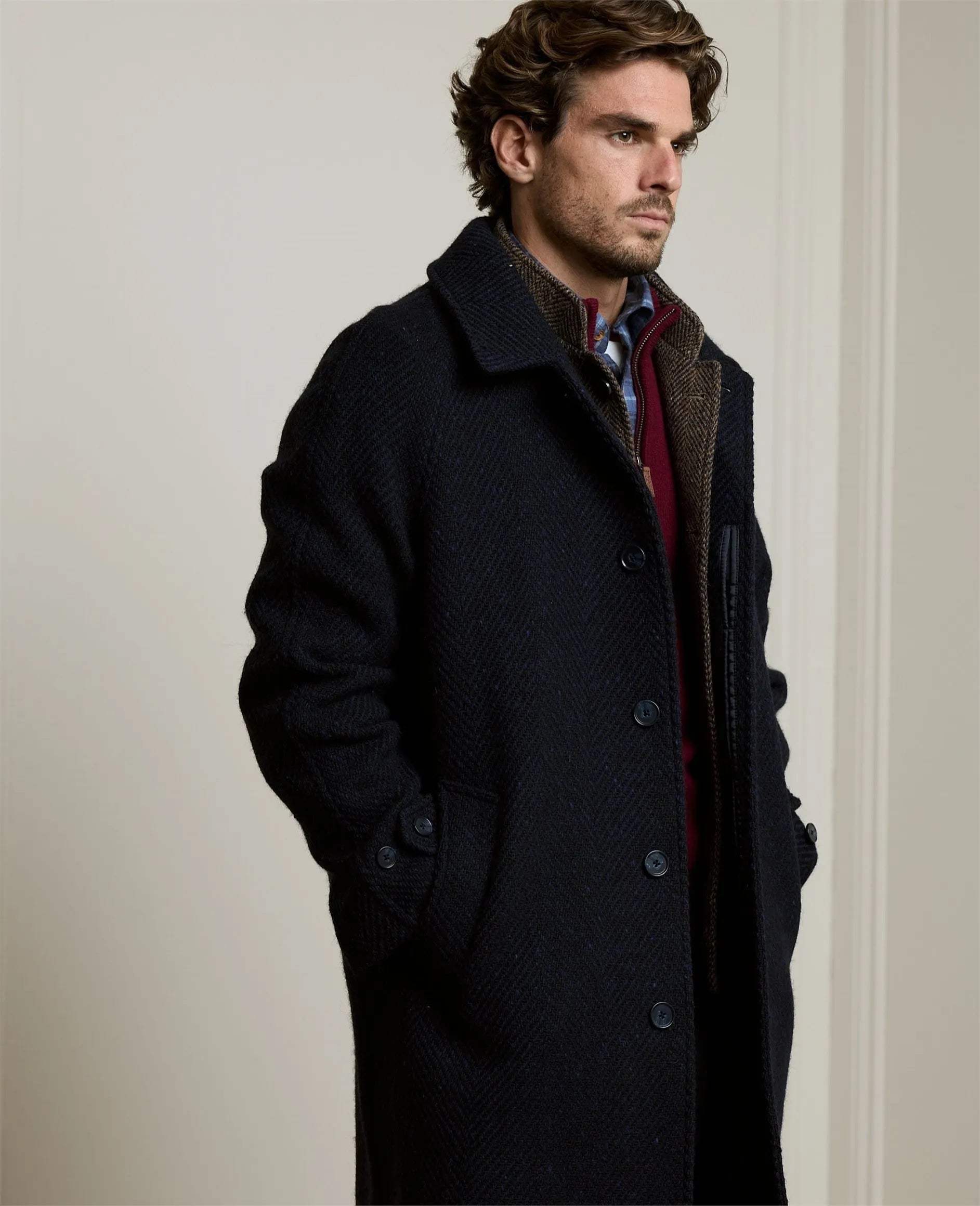 Corrib Donegal Tweed Overcoat in Navy Herringbone