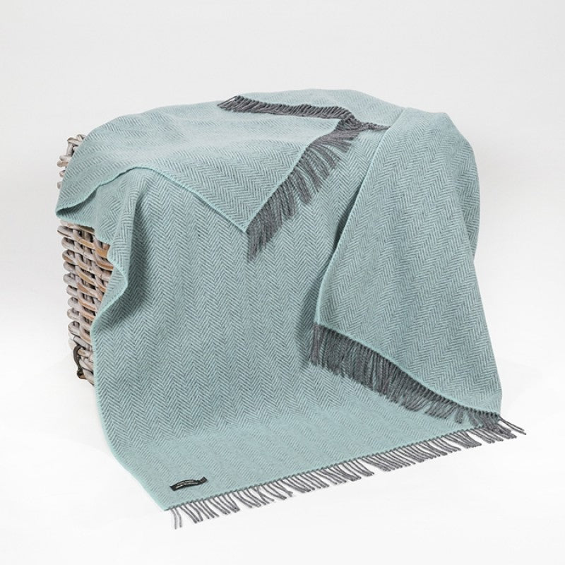 John Hanly Merino Wool Cashmere Throw - Duck Egg Herringbone