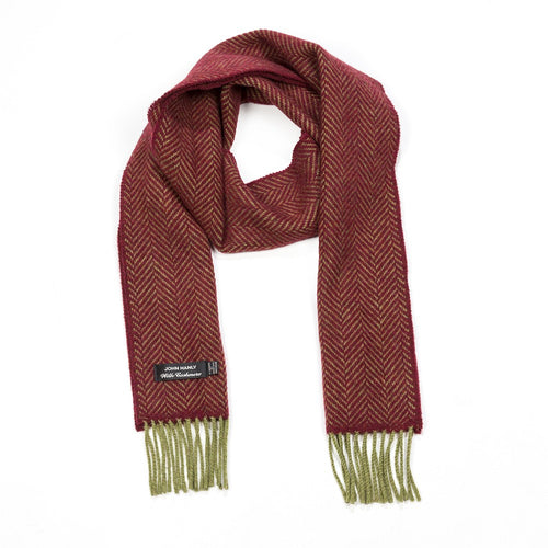 John Hanly Cashmere Merino Scarf Olive Maroon Herringbone