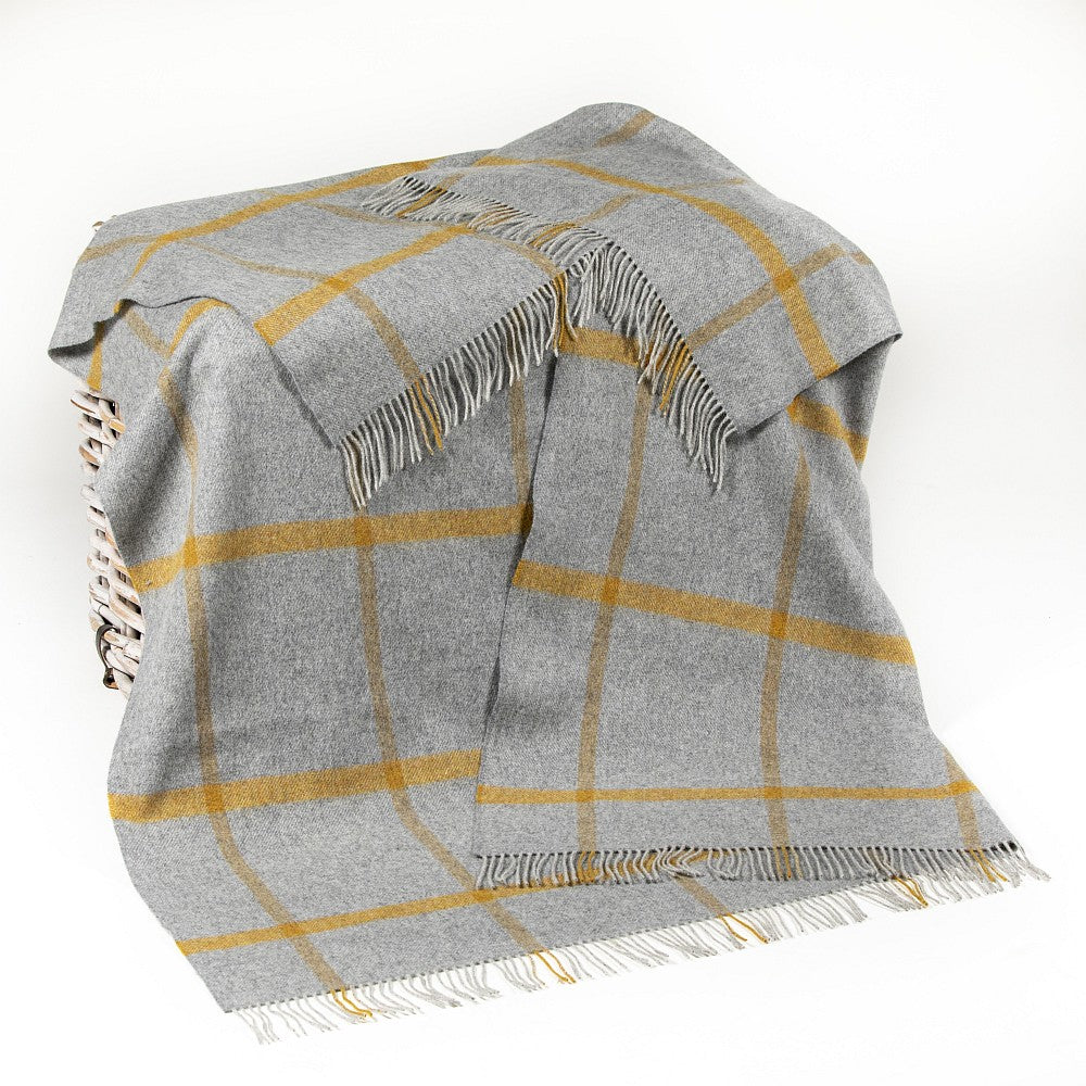 John Hanly  Grey Mustard Check Merino Lambswool Blanket