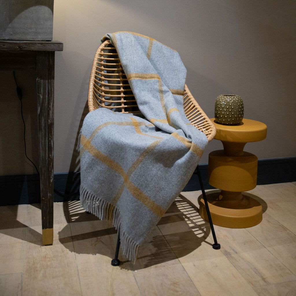 John Hanly  Grey Mustard Check Merino Lambswool Blanket